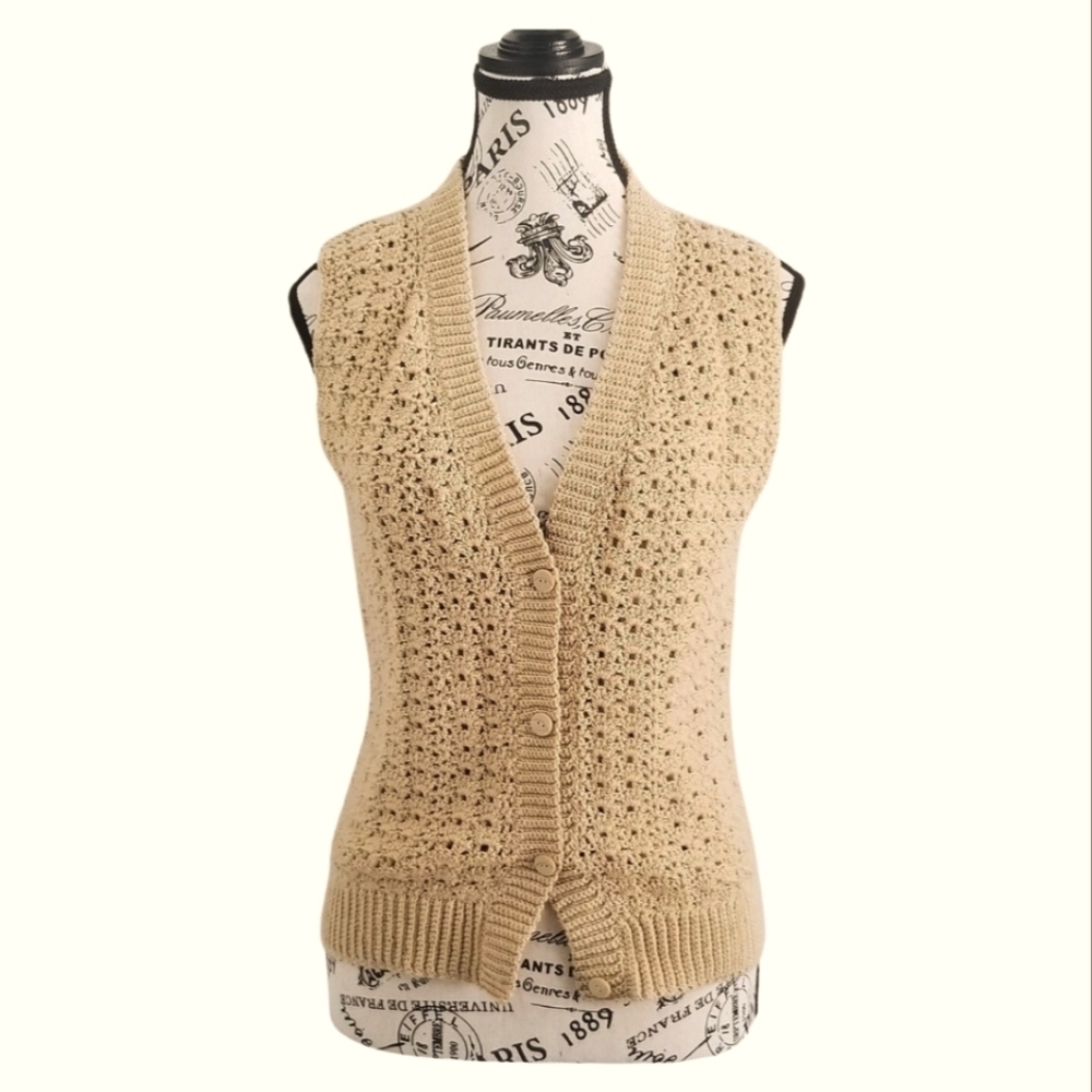 Vintage Handmade Cream Beige Crochet Knit Vest Size Small Boho